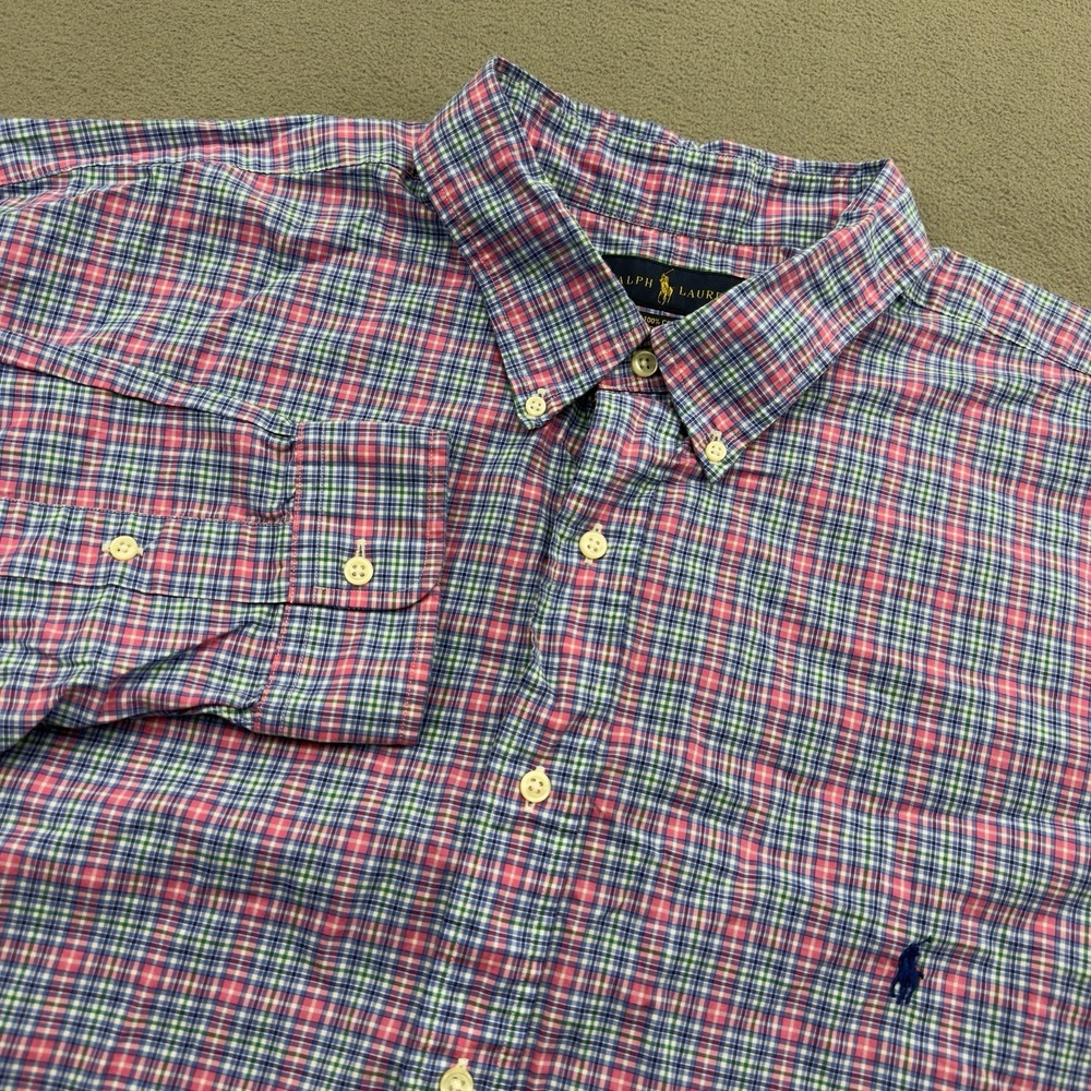 Ralph Lauren Button Down Shirt Mens 3XLT Pink Blue Green Plaid Stretch L/S